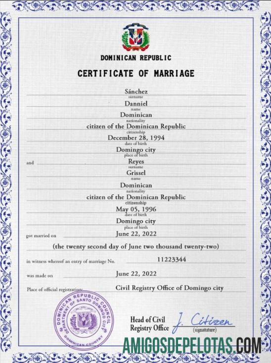 Em branco modelo PSD de certidão de casamento da República Dominicana